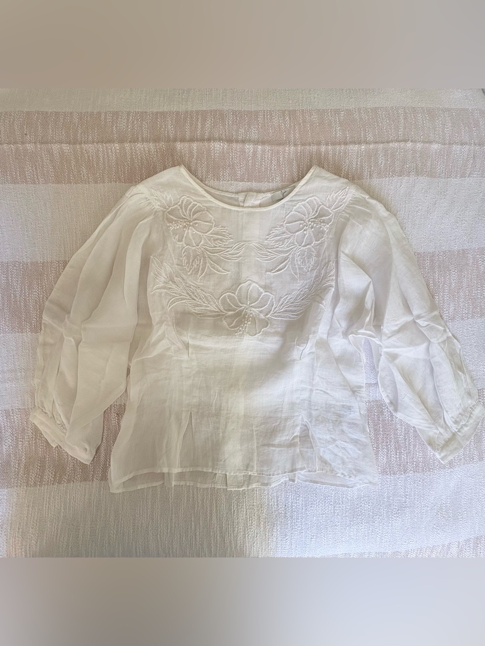 Joie White Sheer Embroidered Puff-Sleeve Blouse